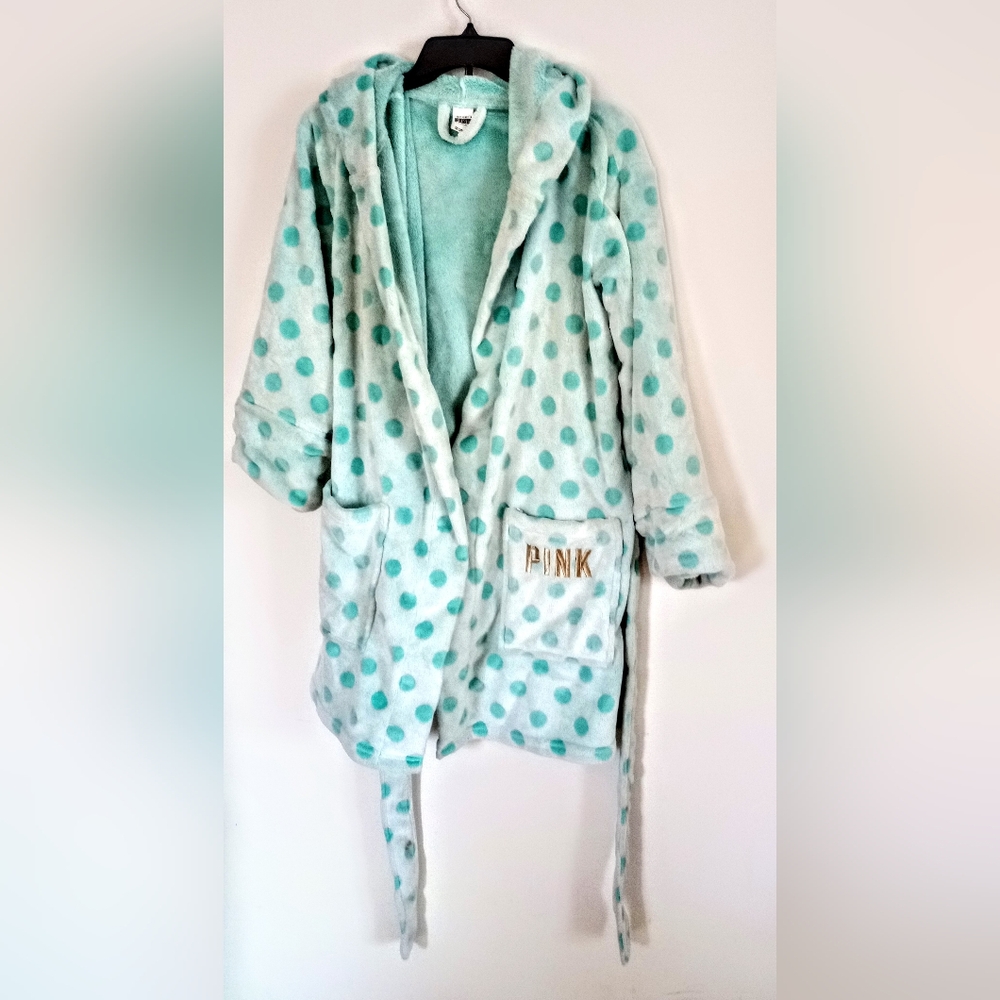 ROBE BY PINK, BLUE POLKA DOT, VERY PLUSH & SOFT, HAS HOOD & 2 POCKETS, SIZE XS/S